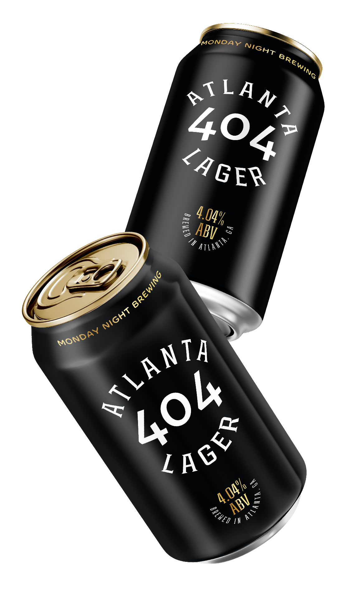 Two 404 Atlanta Lager cans stacked at an angle
