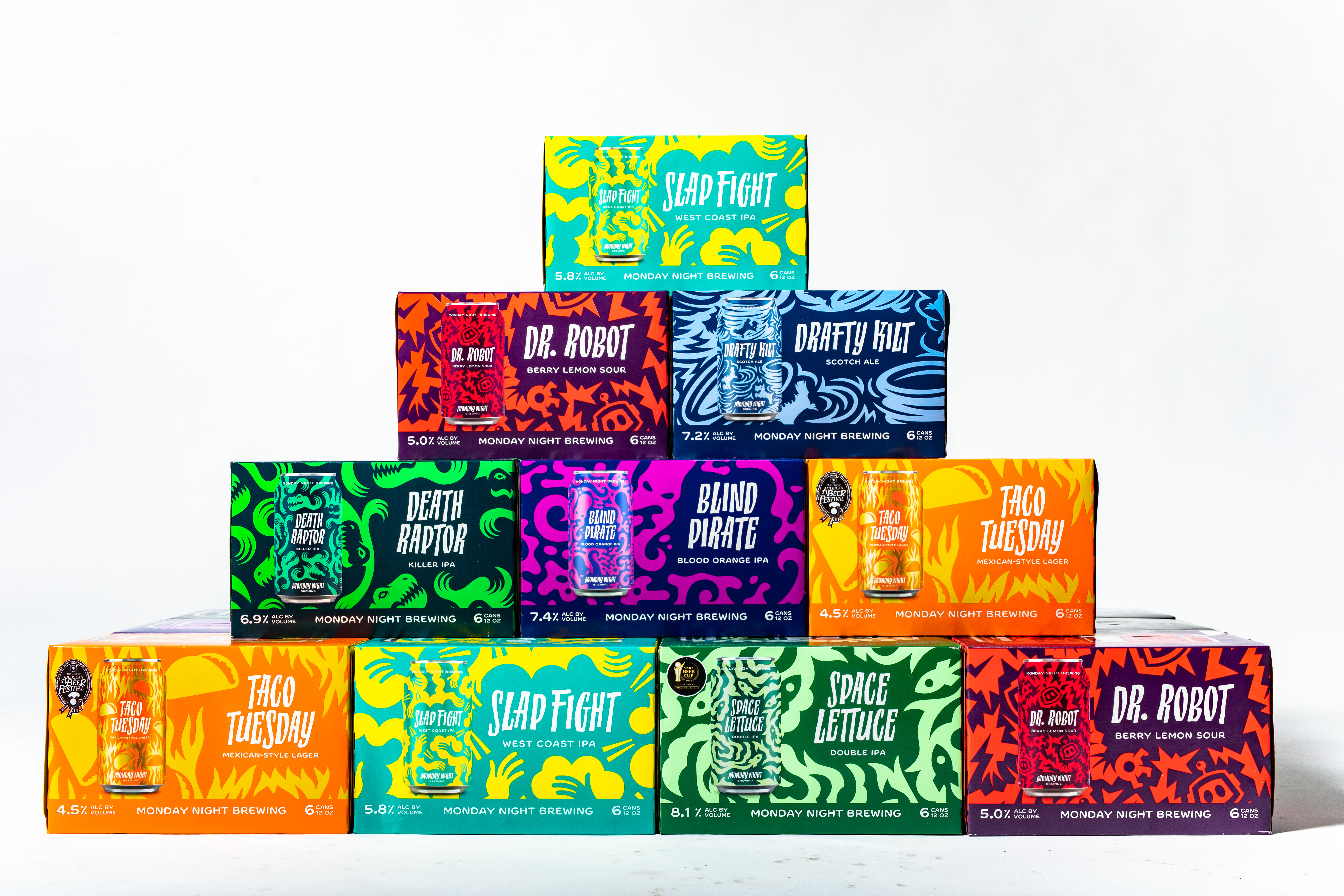 Monday Night Brewing year-round carton family stacked in a pyramid