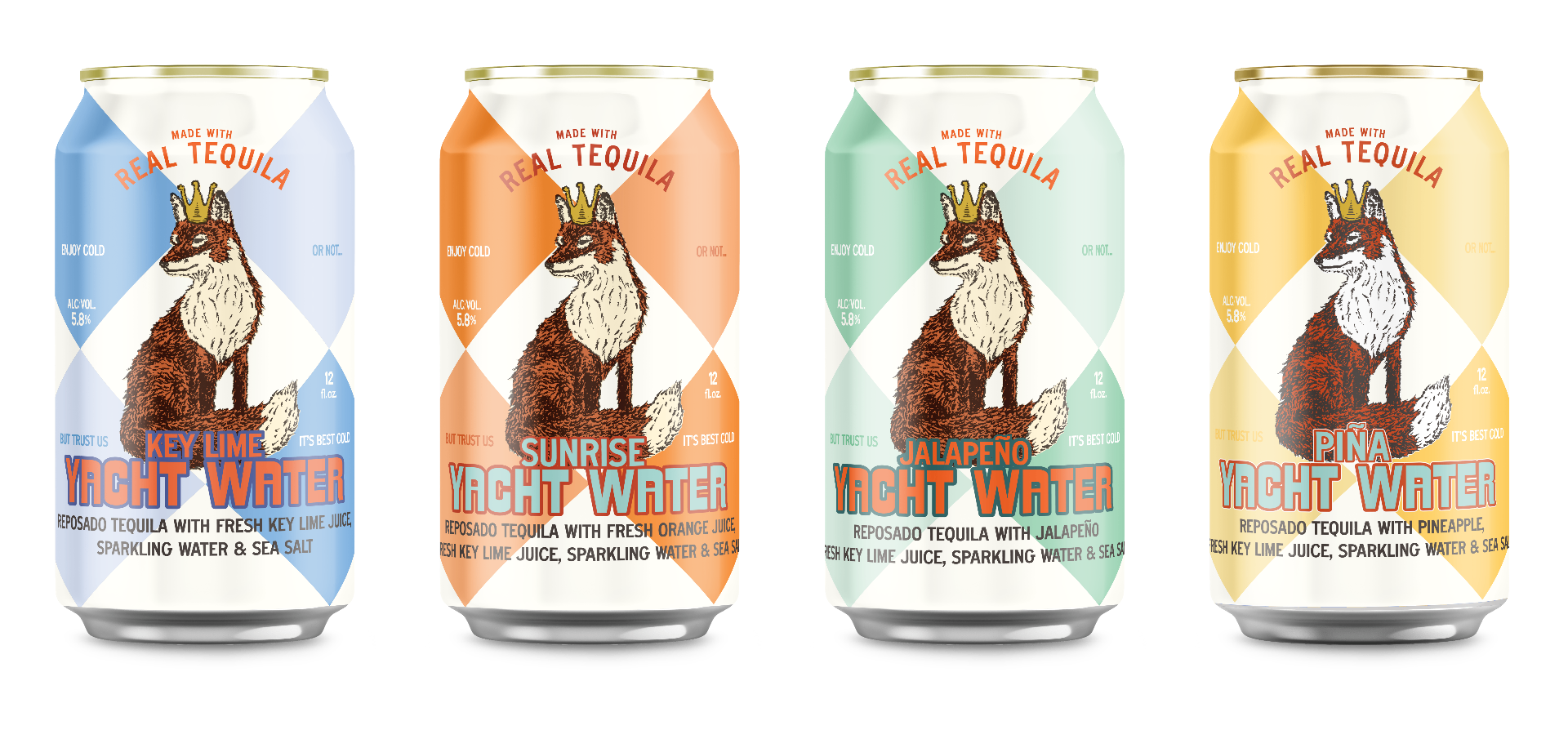 Yacht Water full can lineup: Key Lime, Sunrise, Jalapeño, and Piña
